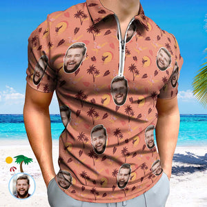 Das Polo-shirt Der Kundenspezifischen Flamingo-tropischen Sonnenuntergang-männer Personalisiertes Gesicht Lustiges Polo-shirt Mit Reißverschluss - DePhotoBoxer