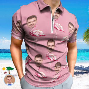 Das Polo-shirt Der Kundenspezifischen Rosa Flamingo-männer Personalisiertes Gesicht Lustiges Polo-shirt Mit Reißverschluss - DePhotoBoxer