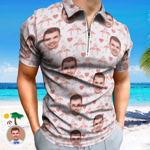 Das Polo-shirt Der Kundenspezifischen Flamingo-liebes-männer Personalisiertes Gesicht Lustiges Polo-shirt Mit Reißverschluss - DePhotoBoxer