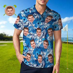 Herren-polo-shirt Mit Individuellem Gesicht, Personalisierte Golf-shirts Für Ihn, Blaue Blätter - DePhotoBoxer