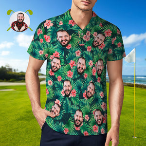 Herren-polo-shirt Mit Individuellem Gesicht, Personalisierte Grüne Golf-shirts Für Ihn, Hawaiianische Rosa Blume - DePhotoBoxer