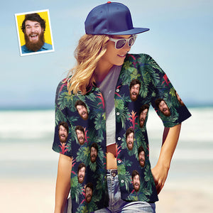 Benutzerdefiniertes Gesichtsshirt, Personalisiertes Foto, Hawaiihemd Für Damen, Geschenk – Grüne Blätter - DePhotoBoxer