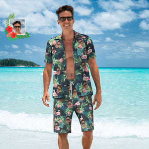 Benutzerdefiniertes Gesicht-hawaii-hemd Und Strandshorts-set, Personalisiertes Herrenfoto-flamingo-blumen-set, Urlaubsparty-geschenk - DePhotoBoxer