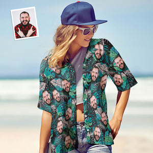 Benutzerdefiniertes Gesichts-shirt, Personalisiertes Foto, Hawaii-shirt Für Damen, Geschenk – Kurzarm-shirt Mit Großen Blättern - DePhotoBoxer