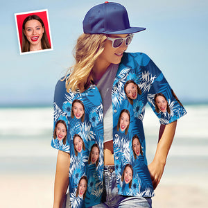 Benutzerdefinierte Gesicht Hawaiian Shirt Frauen All Over Print Blau Kurzarm Shirt