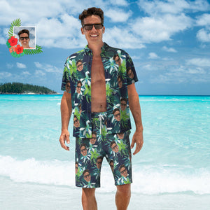 Benutzerdefiniertes Gesicht Hawaiihemd Und Strandshorts Set Personalisiertes Herrenfoto Tropische Blätter Set Urlaub Party Geschenk - DePhotoBoxer