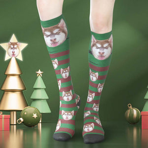 Benutzerdefinierte Gesicht Knie hohe Socken Personalisierte Haustier Foto Socken Weihnachtsgeschenke für Grün