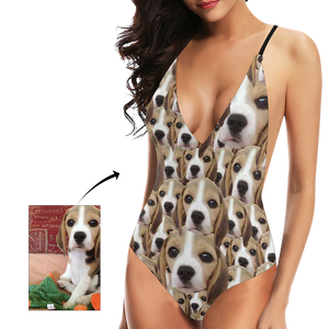 Benutzerdefinierte Nette Hund Gesicht V-Ausschnitt Frauen One Piece Sexy Badeanzug