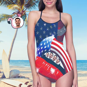 Benutzerdefinierte Gesicht Bademode Frauen Foto Slip One Piece Badeanzug- USA Flagge mit Lippen
