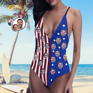 Benutzerdefiniertes Gesicht V-Ausschnitt Bikini-Frauen-Foto-Einteiler-Badeanzug - Amerikanische Flagge