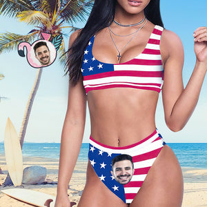Benutzerdefinierte Gesicht Sport Bikini Frauen Foto High Waisted Badeanzug - USA Flagge