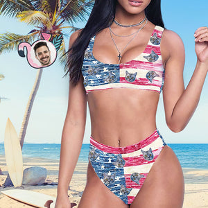 Benutzerdefinierte Gesicht Sport Bikini Frauen Foto High Waisted Badeanzug - Amerikanische Flagge