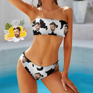 Benutzerdefinierte Gesicht Bikini Schwimmkostüm Bandeaukini Geschenk für Sie - Kuh Print schwarz und weiß