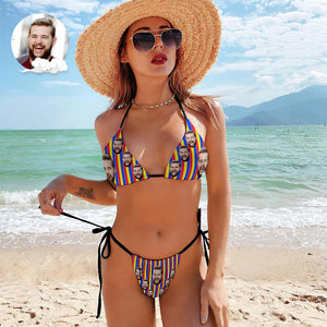 Benutzerdefinierte Gesicht Badeanzug Sexy Strappy Bikini Regenbogen Streifen