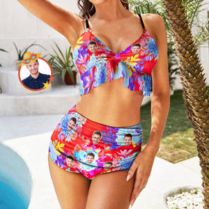 Custom Face Bikini Set Personalization Face Swimsuit Tropical Leave Pattern