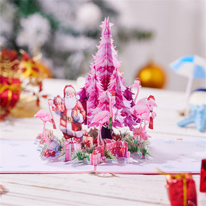 Weihnachts-3d-pop-up-karte, Rosa Weihnachtsbaum-flamingo-grußkarte - DePhotoBoxer